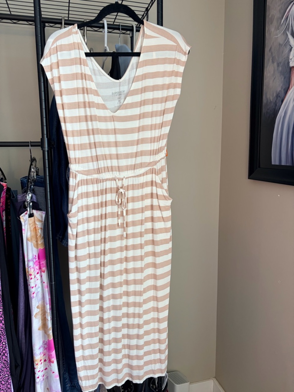 torrid White & Beige Striped V-Neck Drawstring Midi Dress